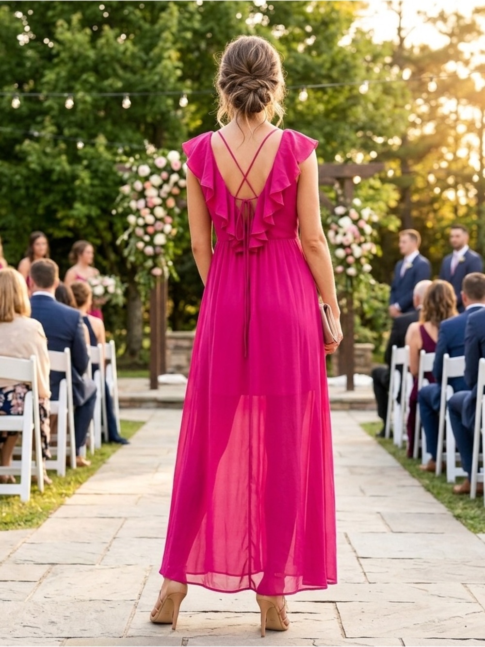 NWT DAVI & DANI ruffled Fuchsia maxi dress, zip side, lined